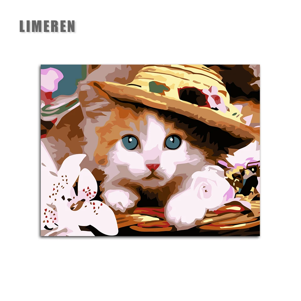 Cute Cat Wearing Hat DIY Oil Painting By Numbers On Canvas Digital Wall Art Picture For Room Home Decor | Дом и сад