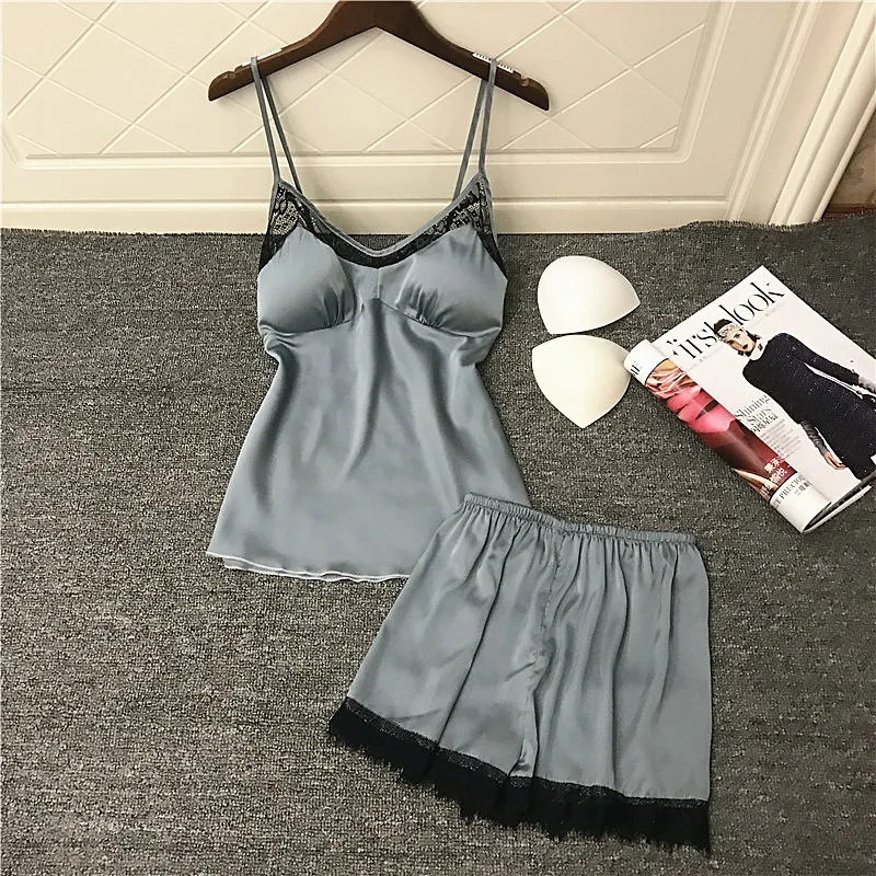 Daeyard Silk Pajamas For Women Satin Cami And Shorts 2Pcs Pajama Set Sexy Lace Pyjamas Sleepwear Summer Pijamas Home Clothes | Женская