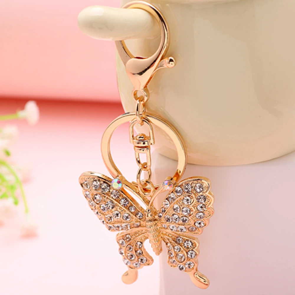 

1 pcs High Quality Rhinestone Butterfly Keychain Car Key Holder Chain Ring Car Key Pendant Car Interior Accessories