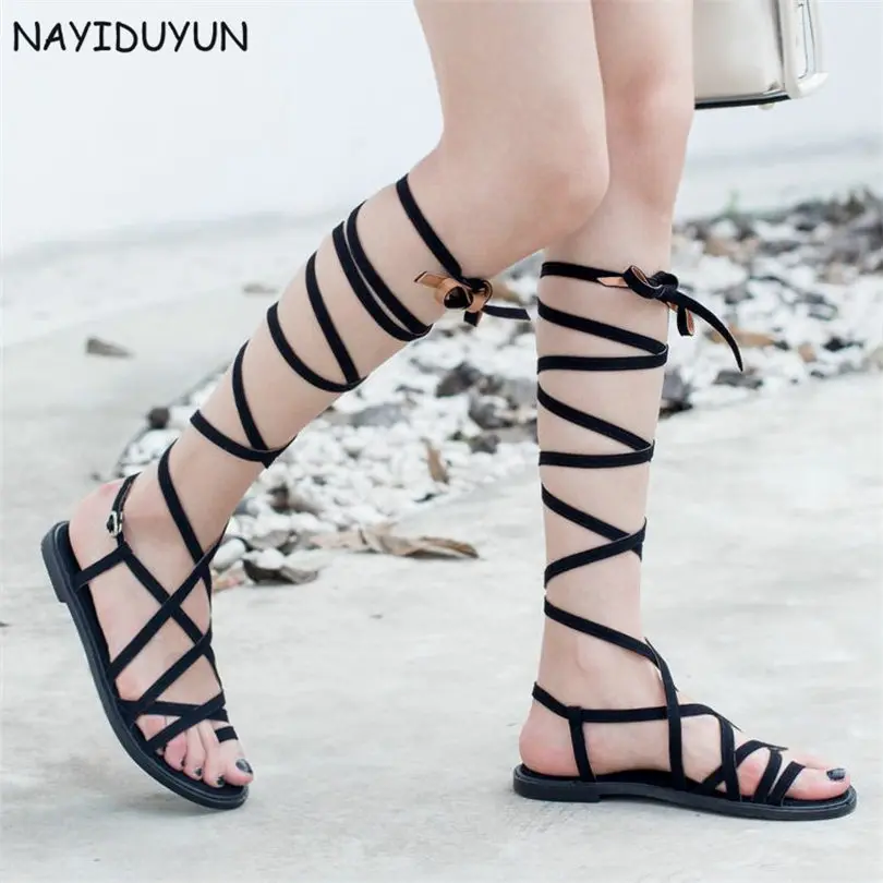 

Casual Shoes Women Lace Up Cow Leather Knee High Sandals Flat Heel Flip Flops Gladiator Strappy Summer Party Long Thong Sandals