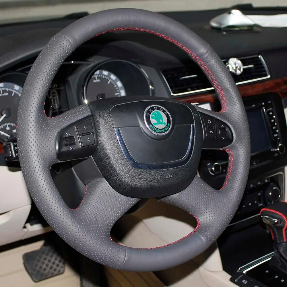 Wheel cover Red PONSNY Рулевое управление автомобиля/Шестерня/ручной тормоз чехол из натуральной кожи для SKODA Octavia 2010-2012 авто ручной сшитый чехол - Название цвета: Wheel cover Red