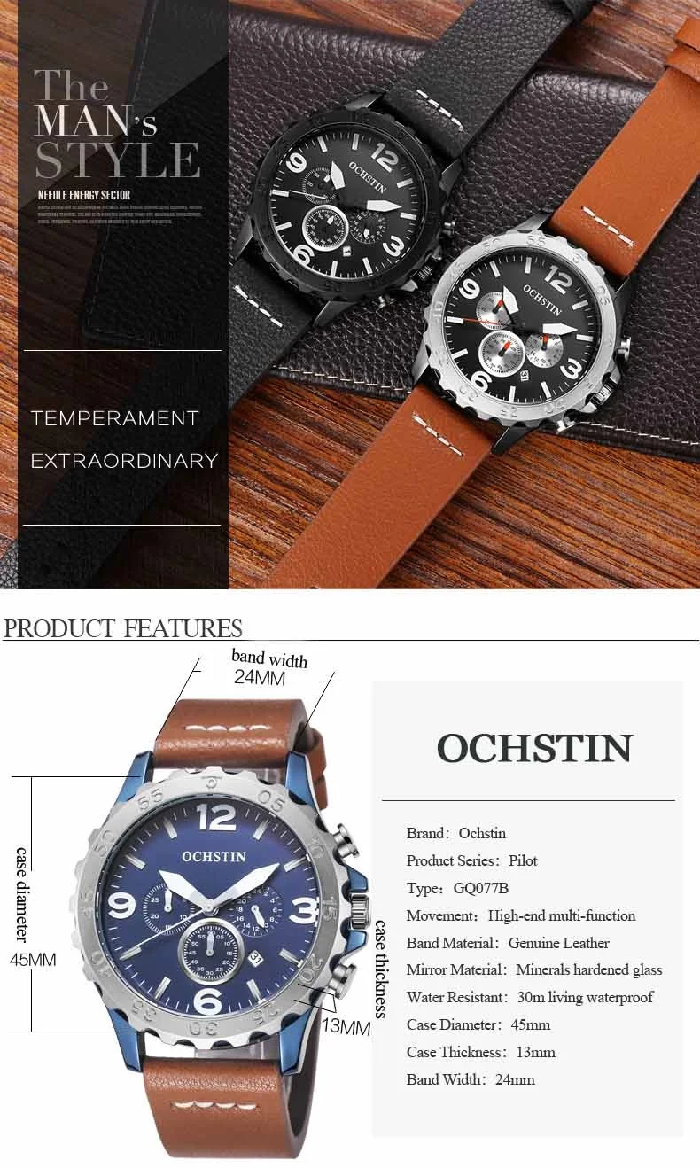 OCHSTIN мужские спортивные часы 6 рук кожаный ремешок мужские кварцевые наручные часы Relogio Masculino Montre Homme календарь часы час