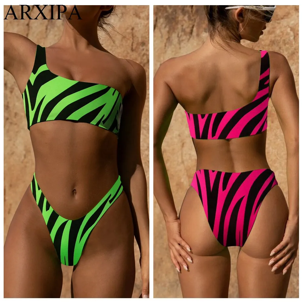 Женский купальник с одним плечом ARXIPA бикини принтом зебры неоновый зеленый