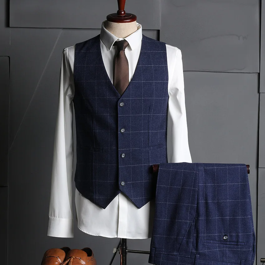 Mens Suit Men's 3 Pieces Business Blue Plaid Suits Male Casual Blazer Jacket For Wedding Dress XFD0020 | Мужская одежда
