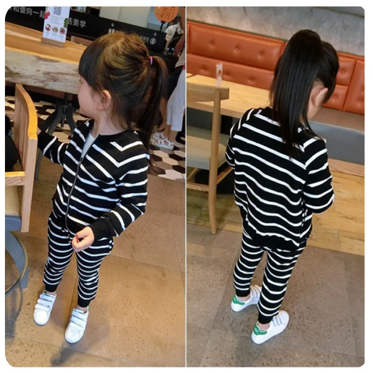 

Girl Suit Autumn Clothing 2016 New Pattern Children Baby Spring Autumn Han Banchao Stripe Zipper Cardigan Loose Coat Twinset