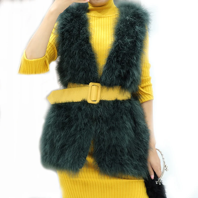 

MIARA.L medium long fur waistcoat thin waist fashionable true wool joker V collar autumn winter new ostrich feather vest