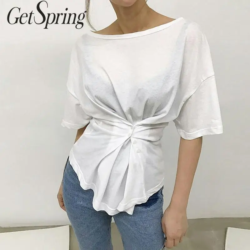 Женская Асимметричная футболка GETSPRING черная белая розовая зеленая хлопковая с