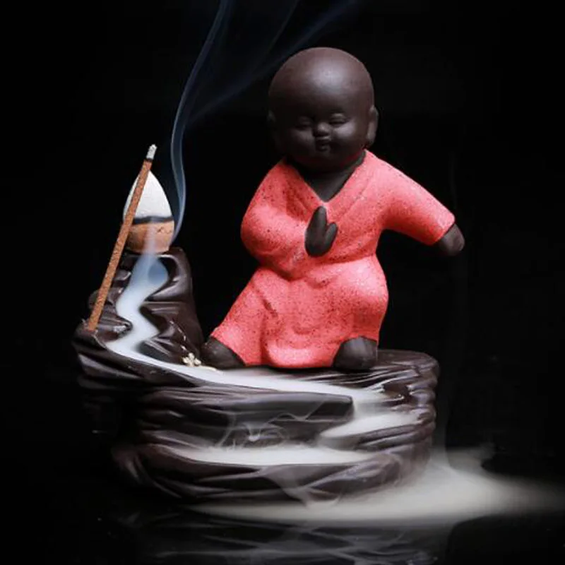 Backflow Incense Burner Ceramic Little Monk Stick Incense Holder Home Decor Aromatherapy Buddha Censer+ 20Pcs Incense Cones