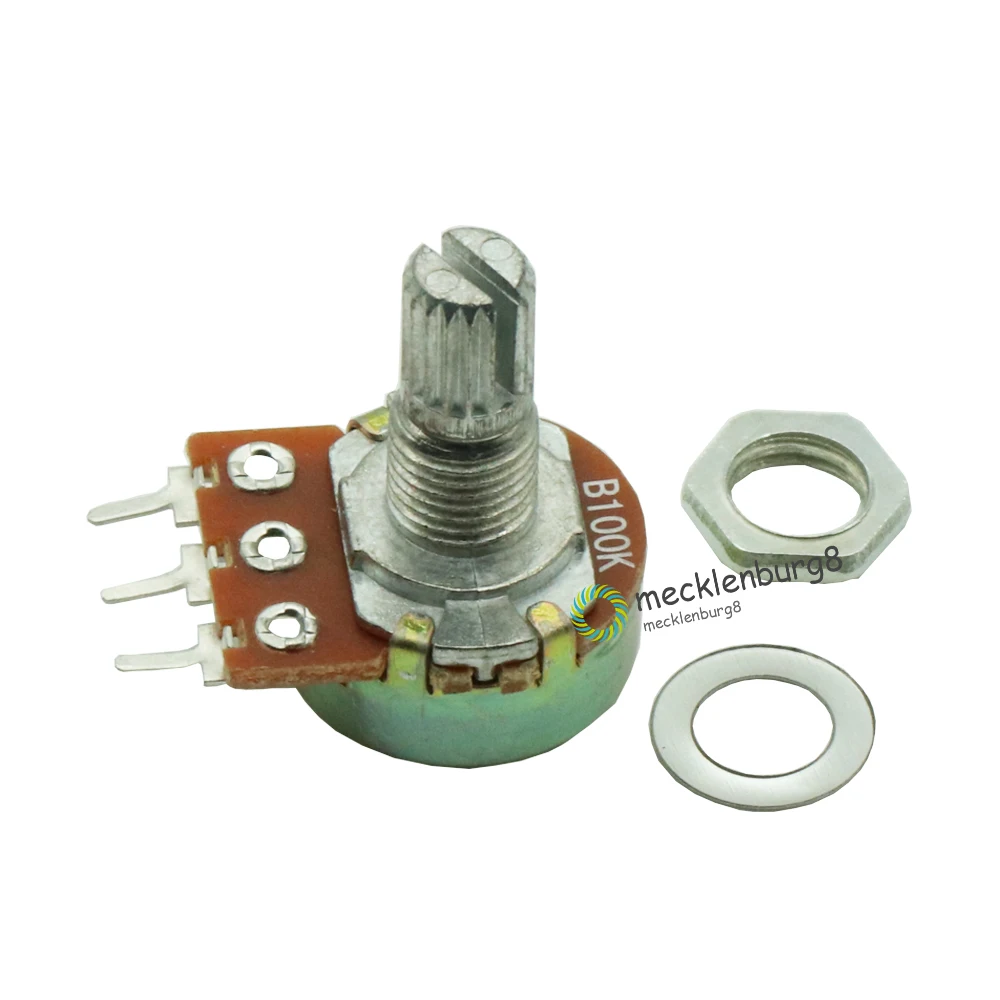 

2 шт., линейный потенциометр WH148 B100K, 3 контакта, 15 мм, вал с гайками и шайбами, Ом, Линейный Конус