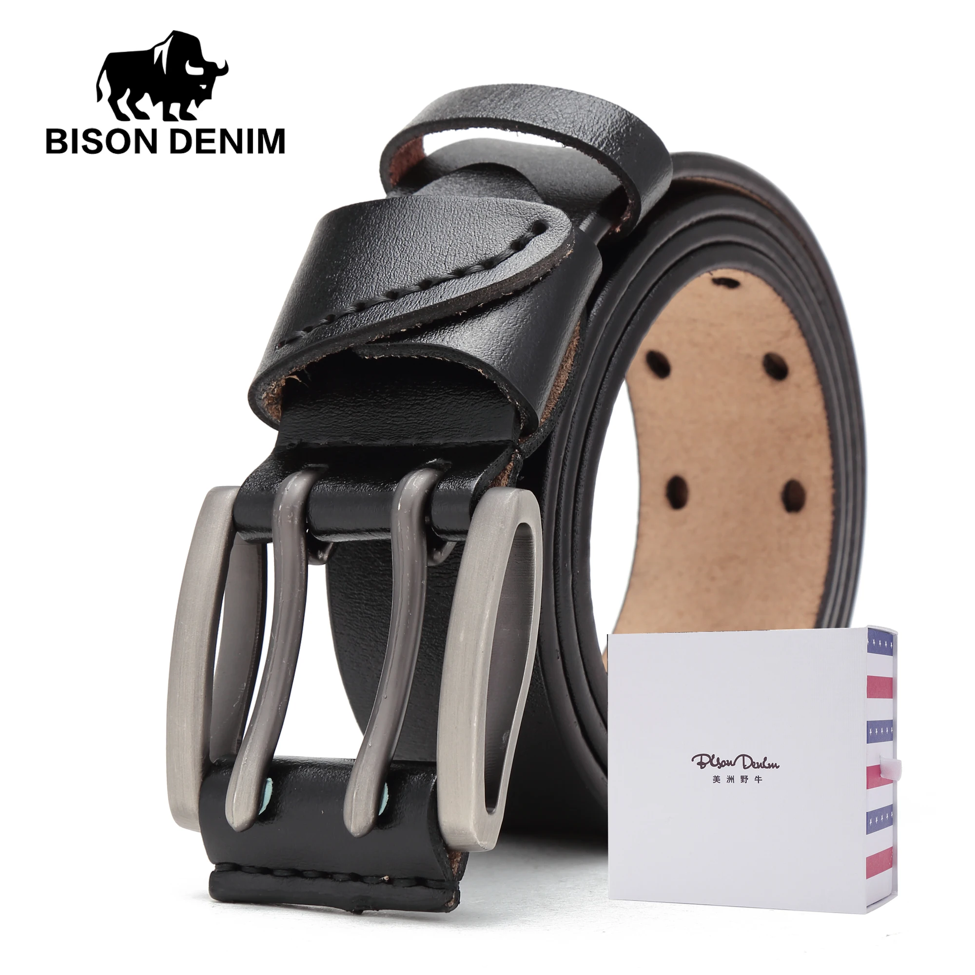 BISON DENIM мужской ремень из натуральной кожи, мужские ремни, винтажный кожаный ремень с пряжкой, пояс для мужчин, подарок на Рождество и год N71247 - Цвет: black with box