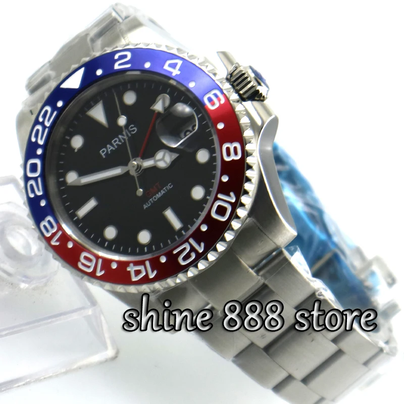 Парниш 40 мм черный циферблат красный и синий ободок GMT сапфировое стекло