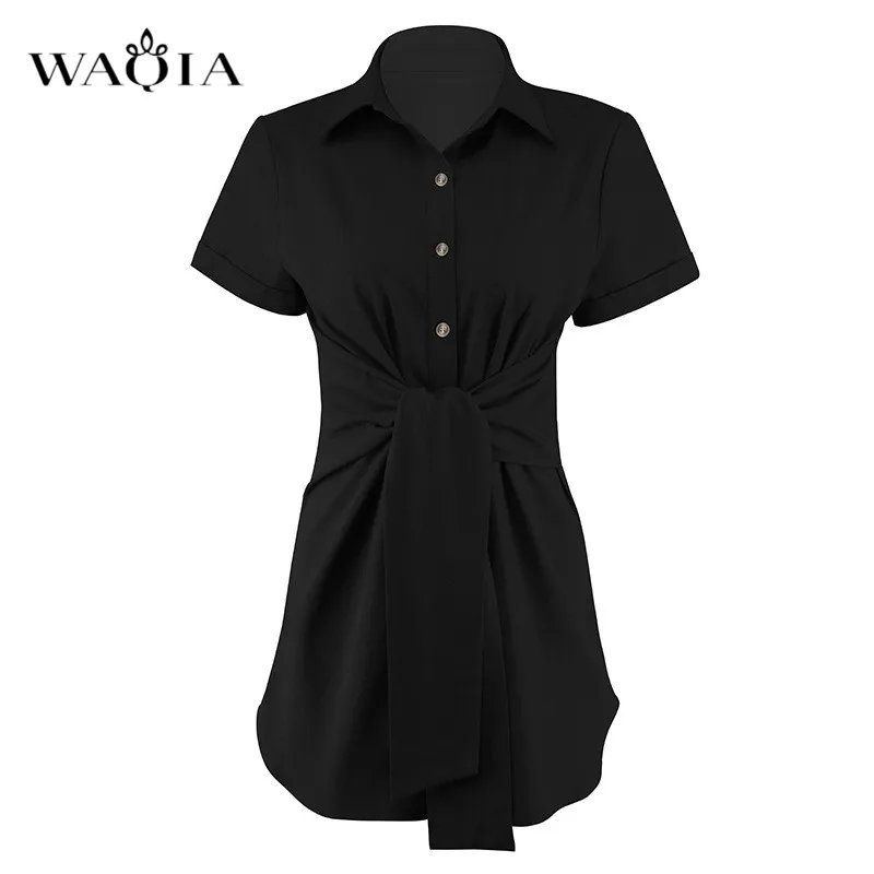 WAQIA 2019 Весна Лето Женское Платье-рубашка с коротким рукавом модное женское