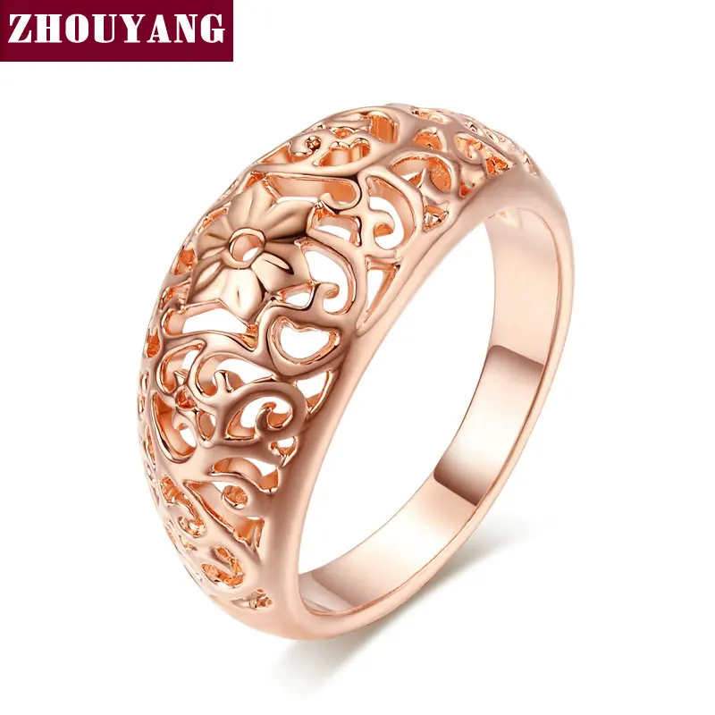 ZHOUYANG винтажное массивное кольцо для женщин ажурное с цветком розовое золото