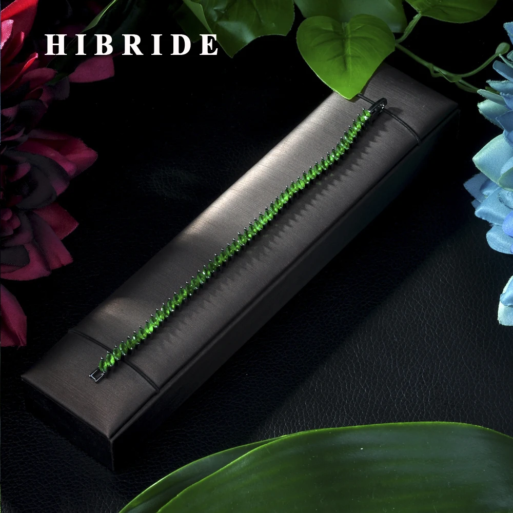 

HIBRIDE Women Fashion Jewelry Gorgeous Green Color Spring Flower Cubic Zirconia Connected Tennis Bracelet for Brides B-41