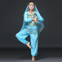 2019 women dance sari clothes belly dance indian costume set bollywood costume 4pcs top belt pants and veils