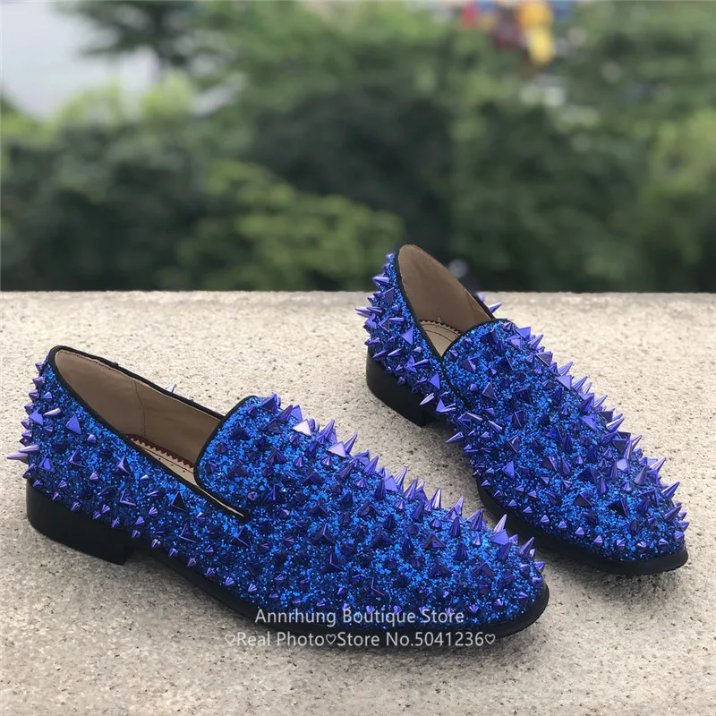 Glitter Rivet Casual Shoes Men Sequin Loafers Round Toe Slip On Flats Genuine Leather Studded Men Shoes Zapatillas Hombre
