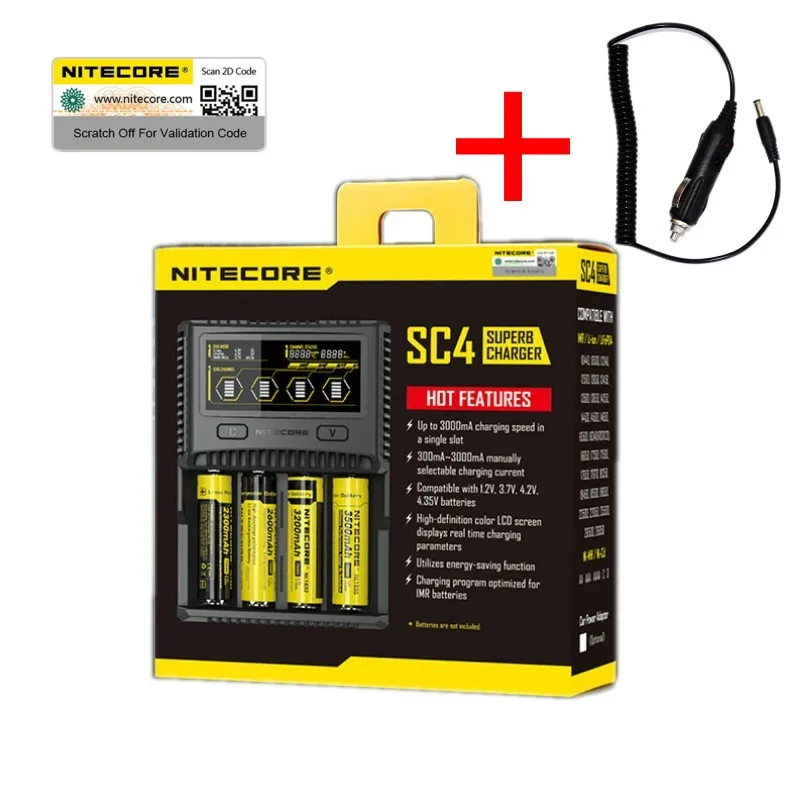 NITECORE SC4 интеллектуальное зарядное устройство для быстрой зарядки превосходное зарядное устройство с 4 слотами 6A общий выход совместимый IMR 18650 14450 16340 AA аккумулятор - Цвет: SC4 and Car charger