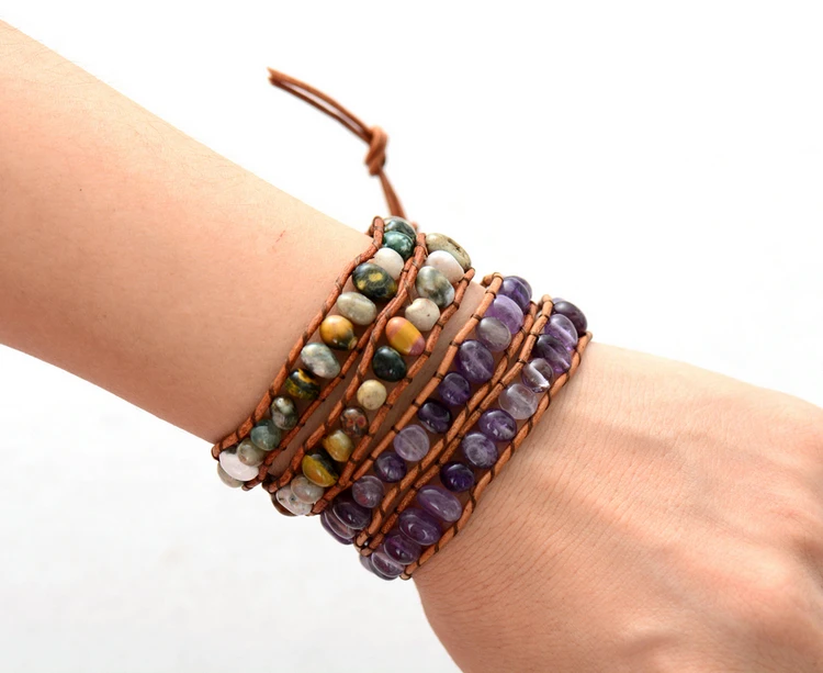 Womens Leather Bracelets New Purple Quartz 2 Strands Wrap Vintage Weaving Bead Bohemia Bracelet Dropshipping | Украшения и