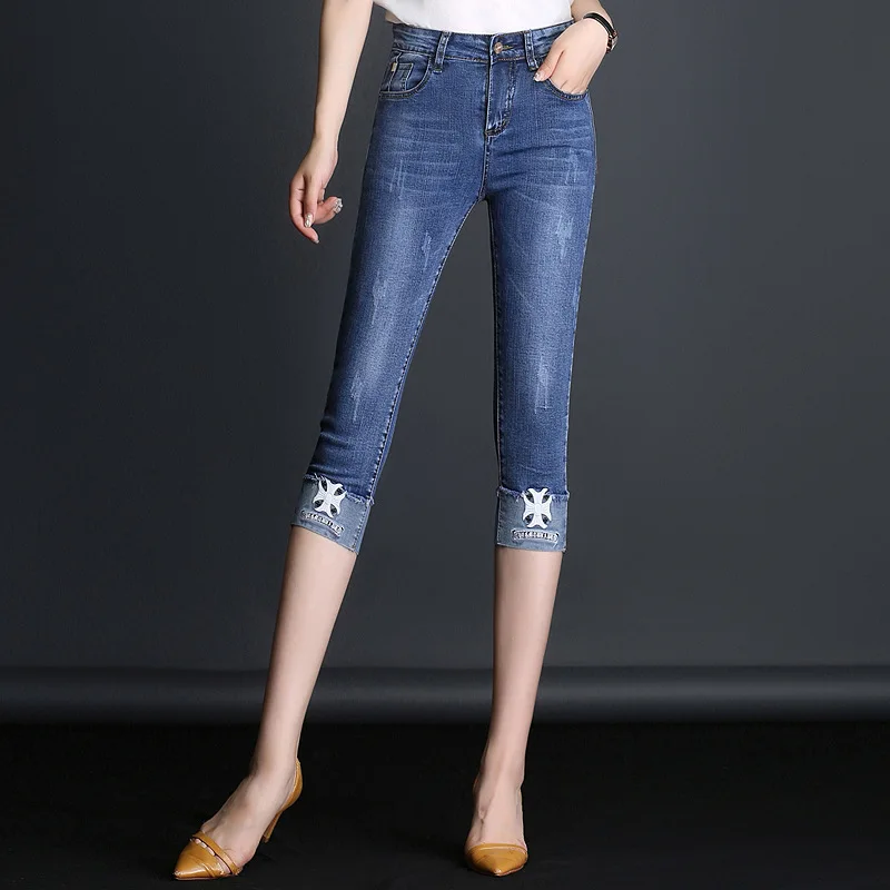 Jbersee Denim Skinny Jeans Woman Summer Fashion Ladies Elastic Knee Length Capris Pants Sexy Push up Women's Female | Женская одежда