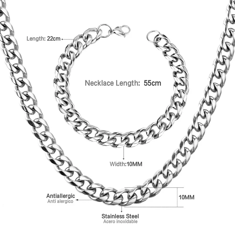 LUXUSTEEL массивная цепь ювелирные наборы ширина 10 мм длина 20 дюймов/22 дюймов золото/серебро/смешанный цвет ожерелье Браслеты наборы ювелирных изделий подарок - Окраска металла: 10mm 55cm silver