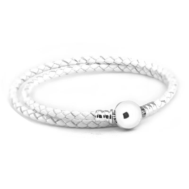 

Ivory White Braided Round Clasp Leather Bracelets 100% 925 Authentic Sterling Silver-Jewelry Free Shipping
