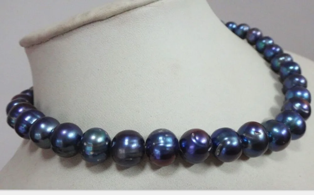 

10-11mm natural tahitian black blue baroque pearl necklace