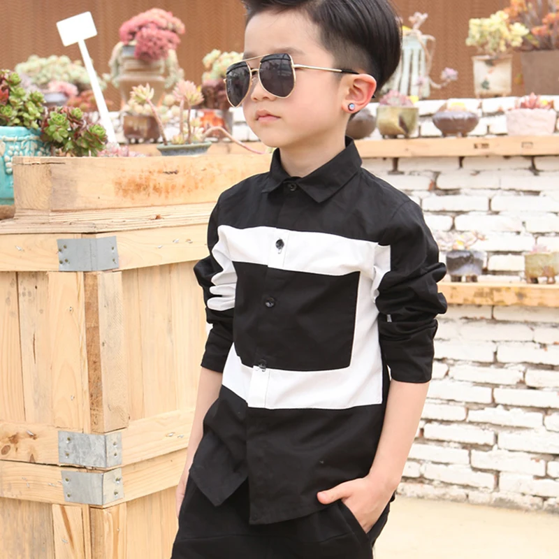 VearDoller Casual Children's Tops Summer Autumn Long Sleeve Cotton Kids Shirts Black White Patchwork Boys Shirts 2-8Years - Цвет: Черный