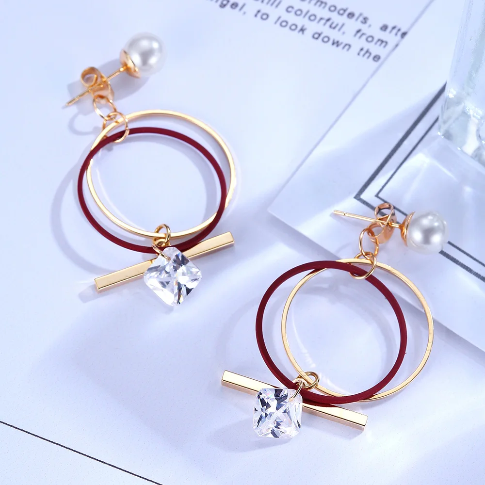 Viennois круглые серьги для Для женщин красные двойной круг квадрат циркон мотаться