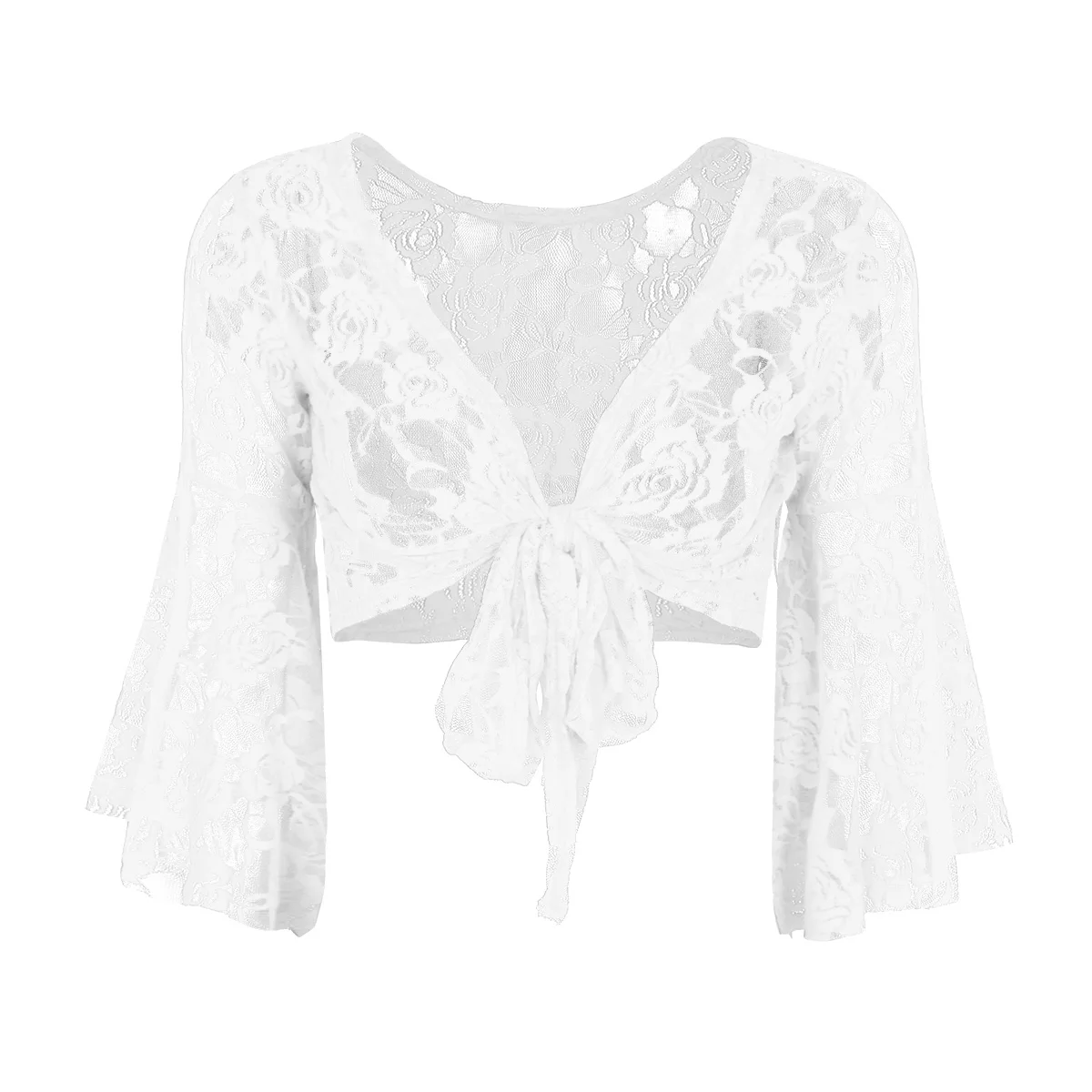 Elegant Women Long Flare Sleeve Floral Lace Shrug Wedding Bridal Summer Jacket Cape Fashion Cover Up Open Front Cardigan Wraps