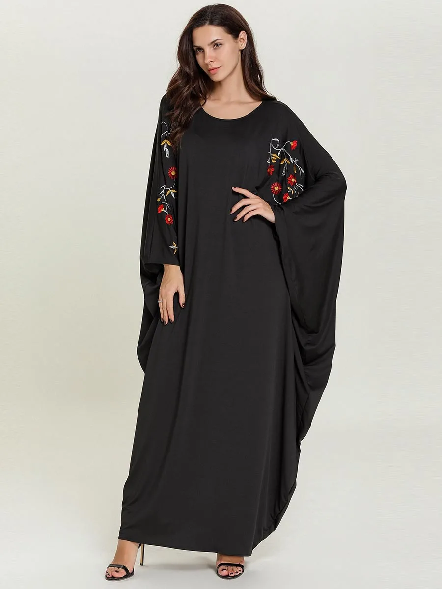 Женское платье Musim abaya с круглым вырезом, длинным рукавом «летучая мышь», большой размер, Вышитое мусульманское платье хиджаб, женское исламский джильбаб, кафтан