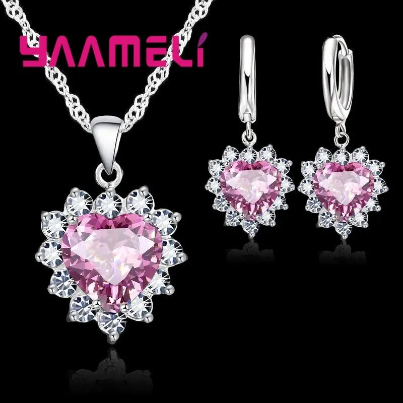 pink Модный 925 пробы Серебряный ювелирный набор сердце любовь многоцветный женский кулон для девочек ожерелье Серьги Подарок на годовщину - Окраска металла: pink