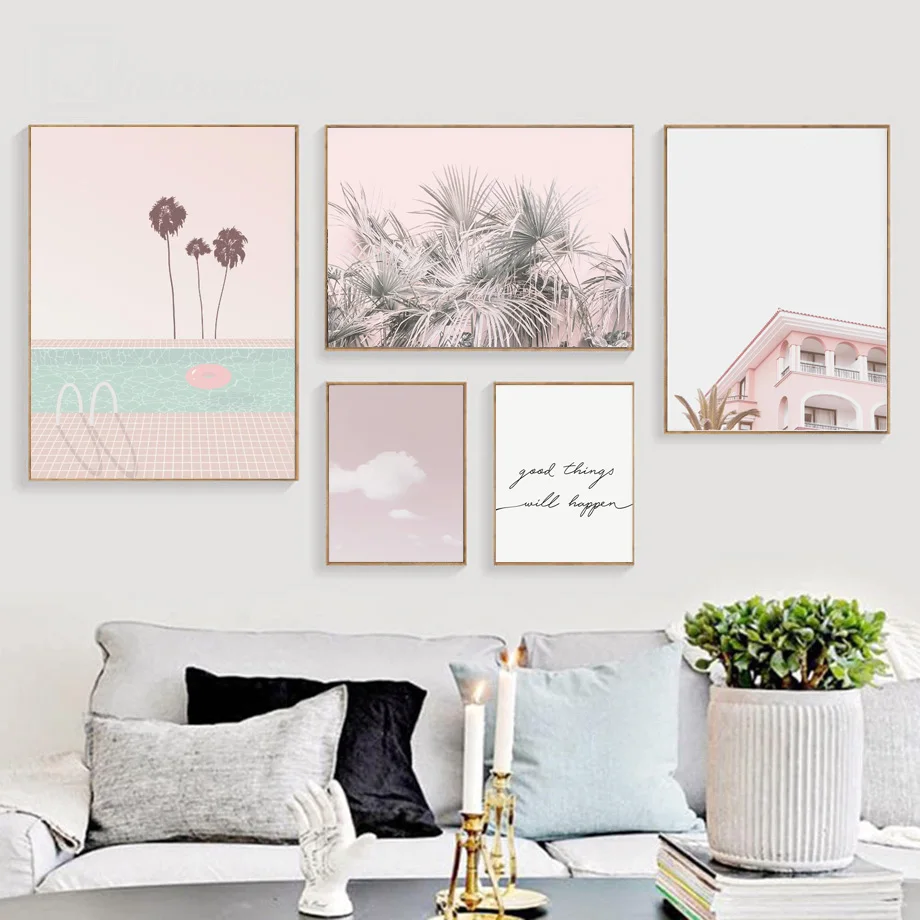 

Pink Tree Cloud Palm Leaf House Landscape Wall Art Canvas Painting Nordic Posters And Prints Wall Pictures For Living Room Decor