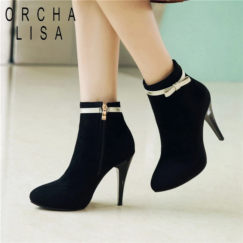 ORCHA LISA/Большие размеры 31-50, женские ботильоны из флока на платформе, сапоги для верховой езды на молнии ботинки на тонком высоком каблуке с пряжкой женские ботинки C678