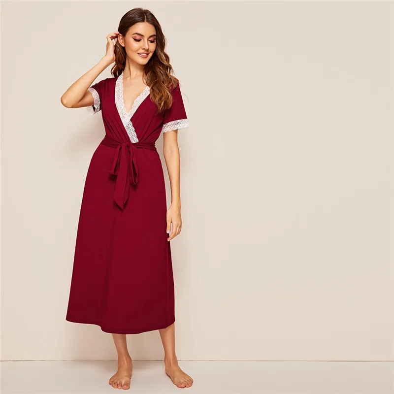 SHEIN контрастное кружевное вечернее платье с вырезом и поясом бордовое с коротким рукавом с глубоким v-образным вырезом сексуальное ночное белье дамское Летнее белье
