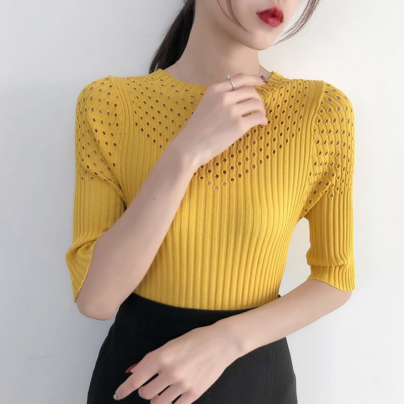 Женский трикотажный пуловер с рукавами-фонариками и круглым вырезом | Женская