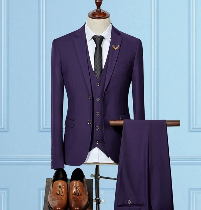 

Men's Solid Color Three-Piece Slim Business Professional Dress Korean Dress Groom Wedding Dress
