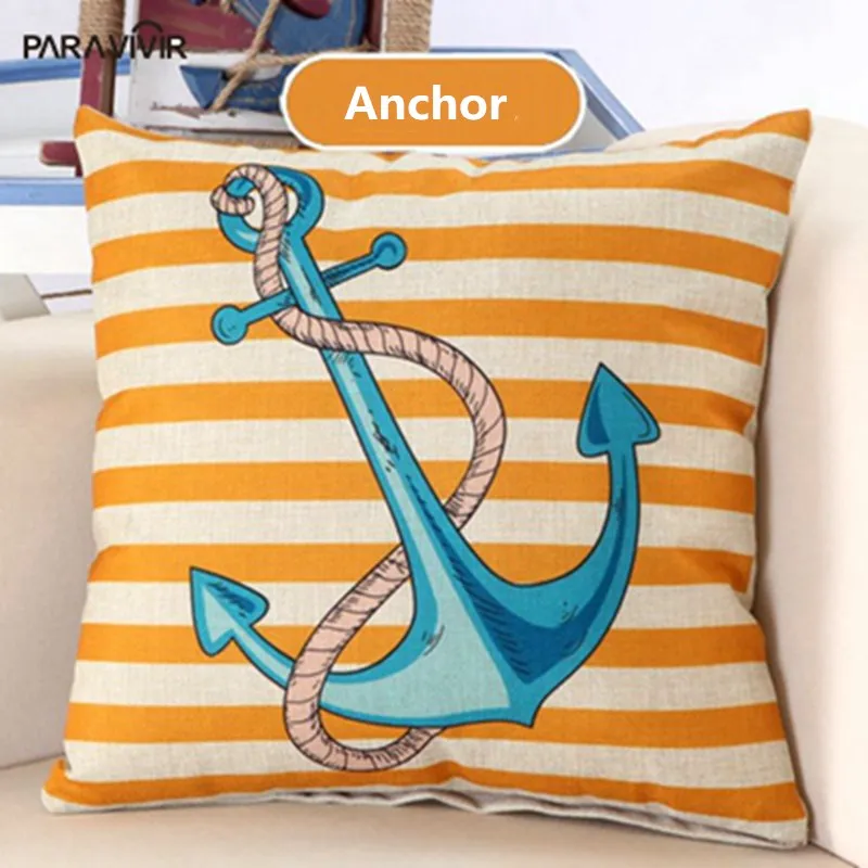 Marine style Blue Sea Helm Printed Cushion Cover Cotton Linen Coral Anchor Throw Pillow Decorative Car Chair Case | Дом и сад