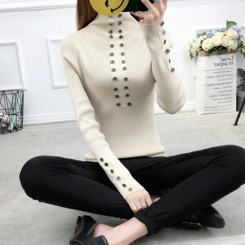 Button Turtleneck Winter Sweater Women 2019 Knitted Pullover Female Jumper Tricot Women's Tops Pull Femme White Black | Женская