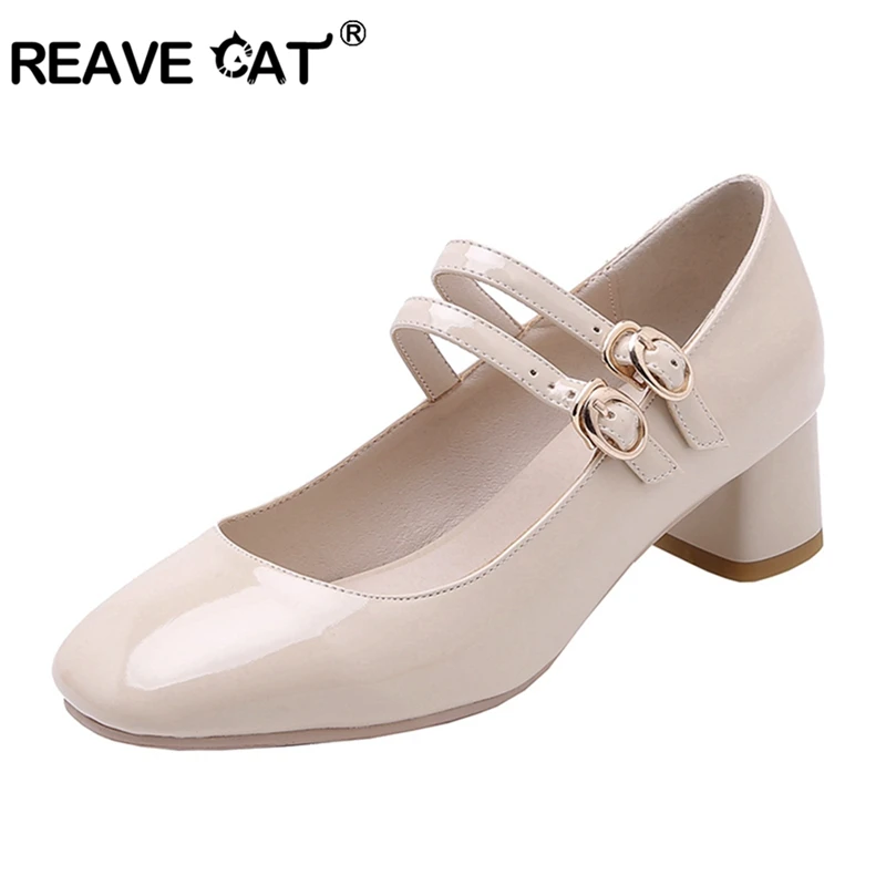 Женские туфли Mary Jane на толстом высоком каблуке REAVE CAT абрикосовый цвет большие