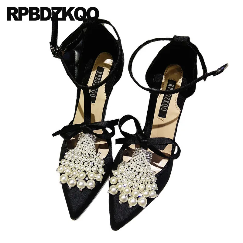 Женские атласные туфли лодочки Scarpin черные на тонком каблуке 8 см с Т образным