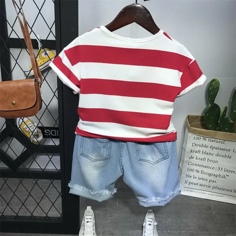 Kids Clothing Sets Fashion Style Baby Short Sleeved Striped T-Shirt + Denim Shorts 2Pcs Children 2-7year |
