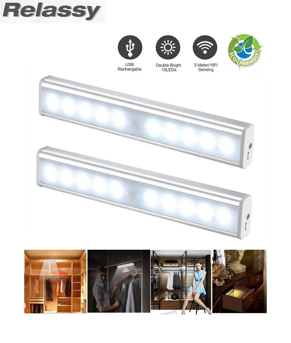 Портативный USB Перезаряжаемые светодиодный свет шкафа с Батарея внутри ПИР