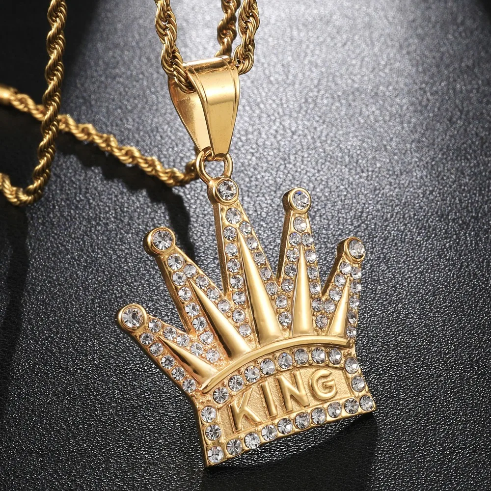 Хип хоп Полный AAA Iced Out Bling кубический циркон корона король CZ кубический циркон нержавеющая сталь ожерелья и подвески для мужчин ювелирные изделия