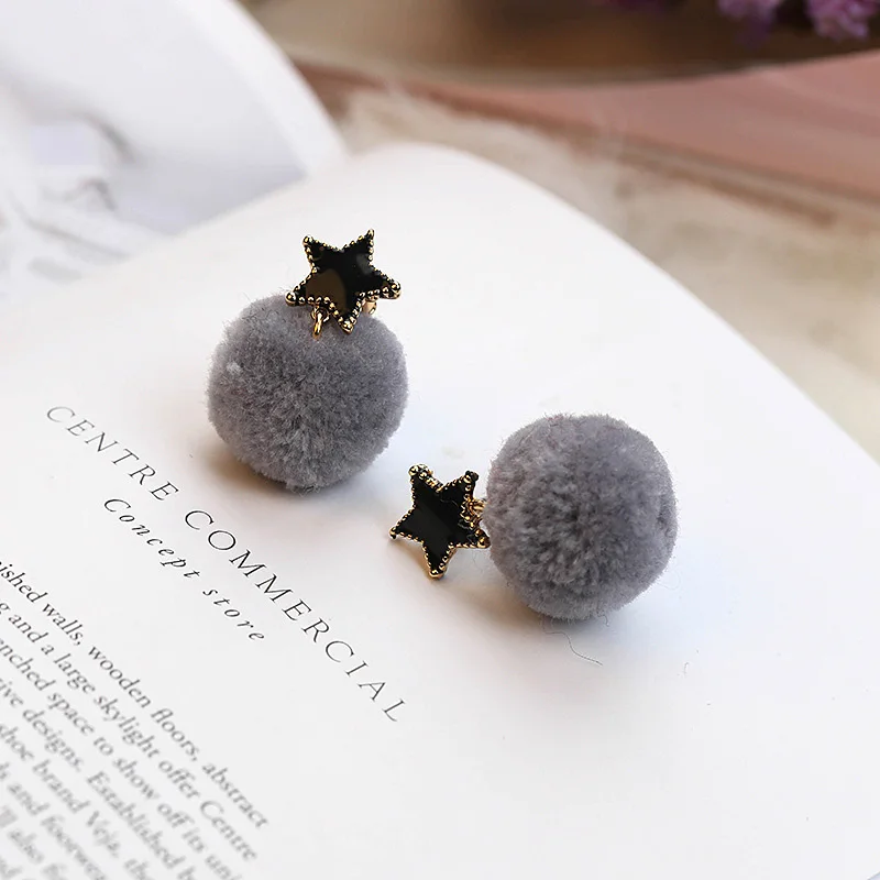 2017 New Korean fashion Black Star Stud Earrings Cute Pom Ball Women Ear Studs Jewelry ear jewelry | Украшения и аксессуары
