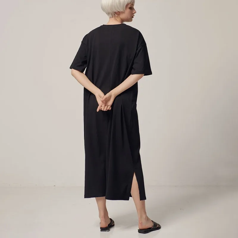 CHICEVER Summer Vintage Print Black Dress For Women O Neck Short Sleeve Loose Split Hem Straight Mid Calf The Dresses 2019 Tide | Женская