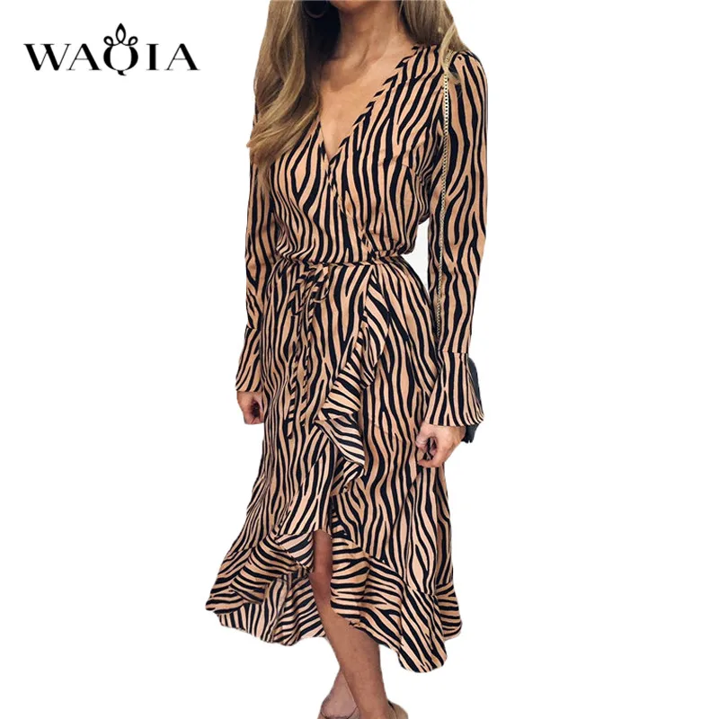WAQIA Wave Print Dress 2019 Women Summer Long Beach Loose Sleeve Sexy V-neck Party Plus Size Vestidos De Fiesta | Женская одежда