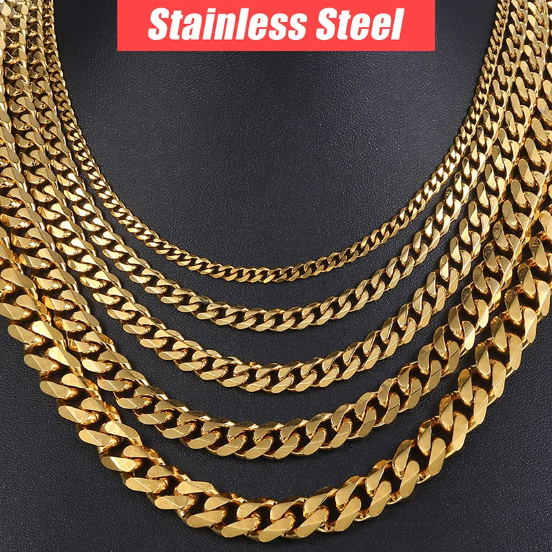 3/5/7/9/11mm 24&quot Men's Necklace 5Pcs/Lot Stainless Steel Cuban Link Chain Gold Color for Men Wholesale Jewelry KNM08A | Украшения и