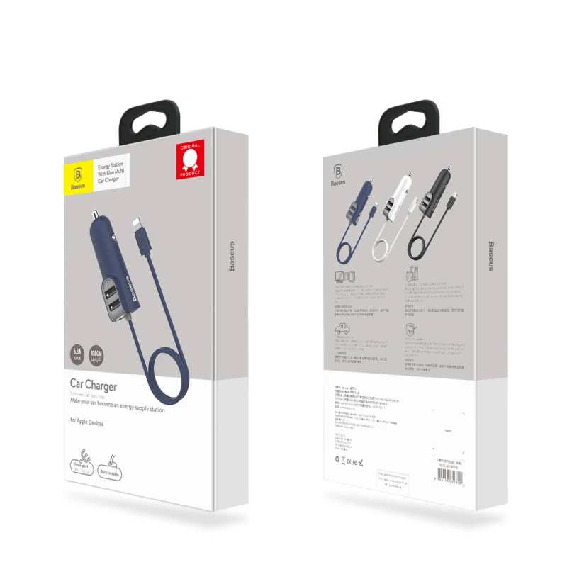 Baseus 3 в 1 USB Автомобильное зарядное устройство QC 3,0 Быстрая зарядка для iPhone samsung Xiaomi 5.5A быстрое зарядное устройство для мобильного телефона с кабелем для телефона