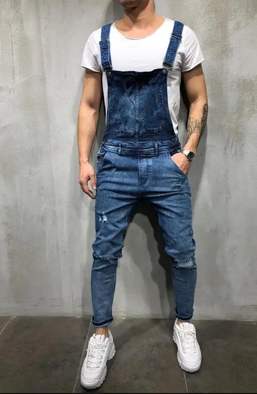 B731 dark blue Мужские рваные джинсы-карго, комбинезоны с потертостями, джинсовые комбинезоны с нагрудником, мужские облегающие рваные брюки на подтяжках размера плюс S-XXXL - Цвет: B731 dark blue