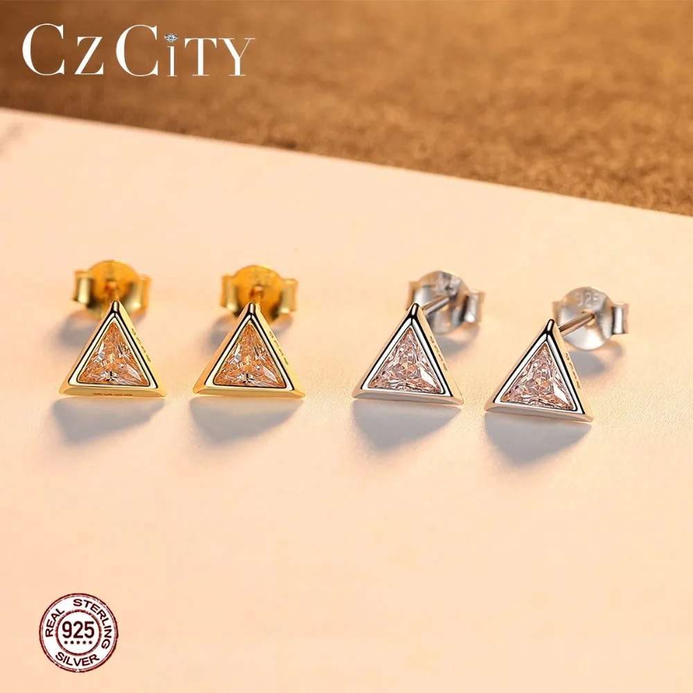 CZCITY, модные, треугольный циркон, серьги-гвоздики для женщин, 925 пробы, серебро, геометрические, маленькие серьги, хорошее ювелирное изделие, на каждый день